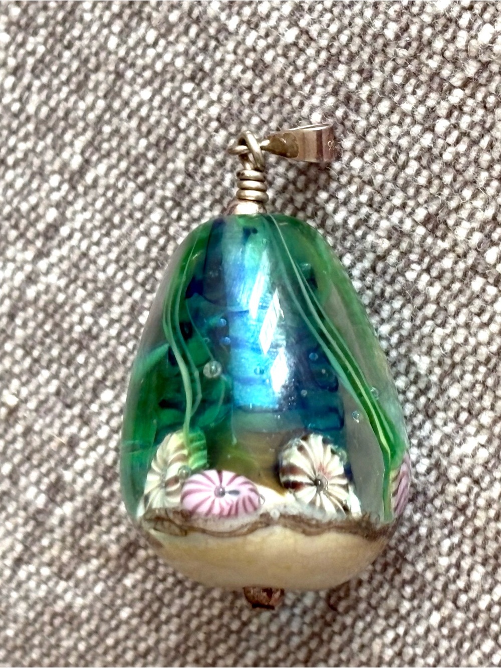 Blue-Green Glass Teardrop Pendant with Murano Millefiori Flower